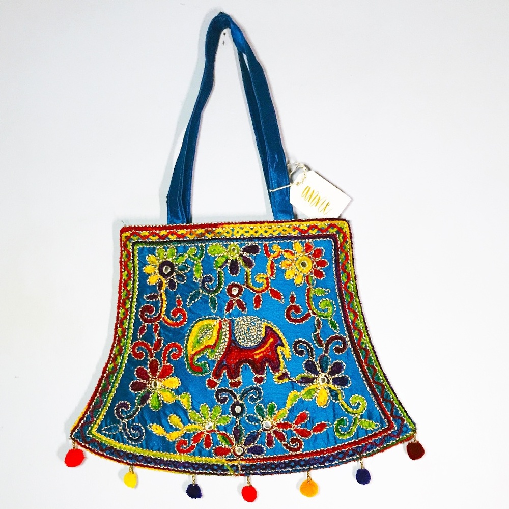 Ethnic Handmade Indian Blue Silk w/ Embroidery Shoulder Handbag, zip closure NWT